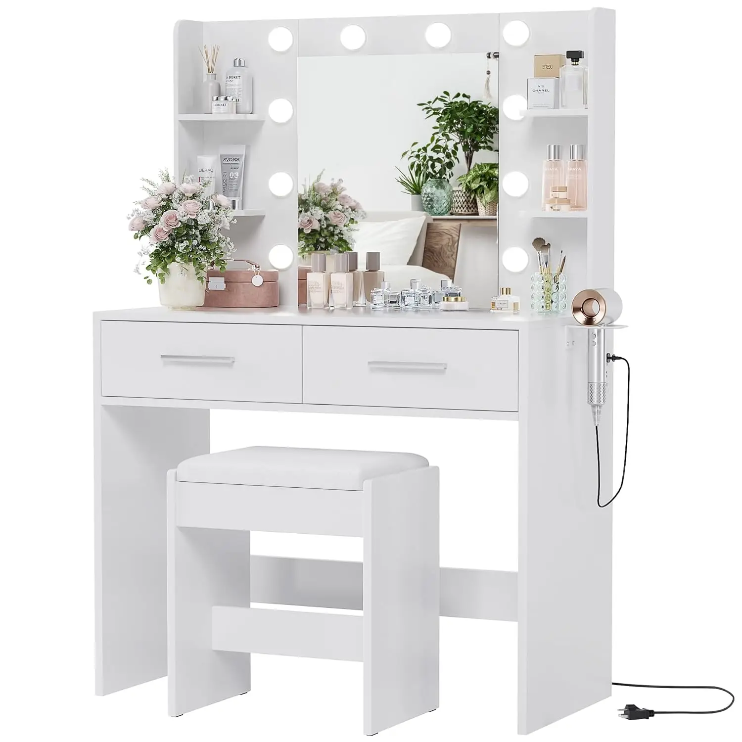 

Vanity Desk with Mirror, Makeup Table with 2 Large Drawers, Power Outlet and Round Holder, 3 Color Modes Adjustable Bulb, Bench
