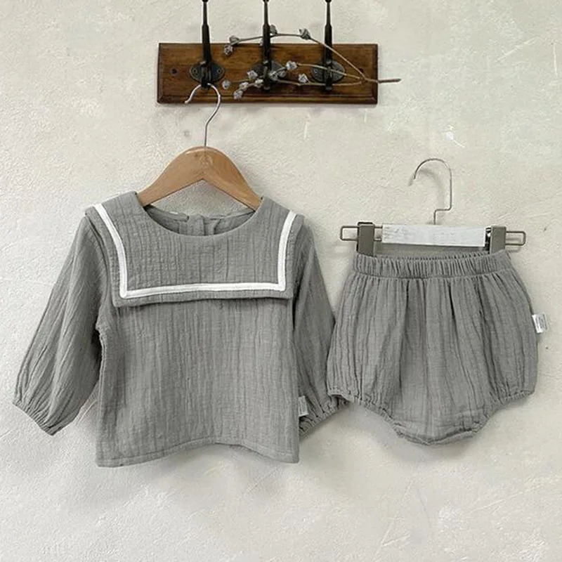 Infant Baby Boys Girls Clothes Suit Navy Collar Long Sleeve Cotton T-shirt +PP Shorts Spring Autumn Baby Boys Girls Clothes Set