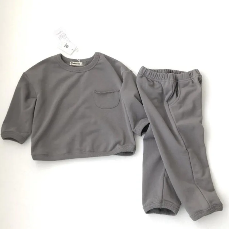 Korean Style 2-6Yrs Children Clothing Suit Long Sleeve Cotton Solid T-shirt+Pants Spring Autumn Baby Boys Girls Clothes Set