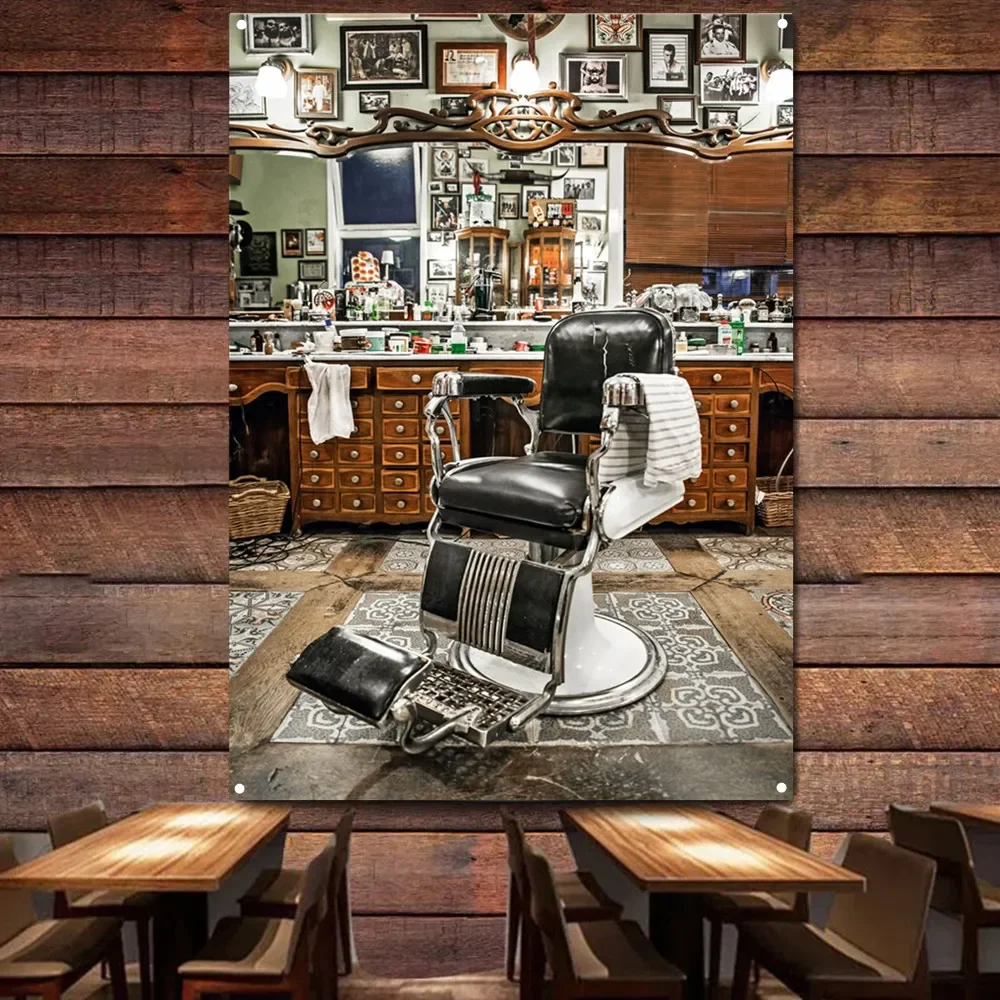 HAIRCUTS & SHAVES Posters and Prints Vintage Hair Salon Tattoo Flag Haircut Poster Banner Wall Hanging Canvas Print Art Tapestry