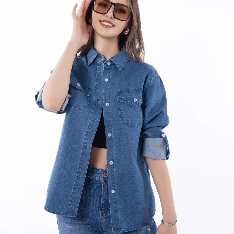 

2025 New Fashion Denim Shirt Women's Summer Long Sleeved Collar Denim Shirt Women's Casual Versatile Top