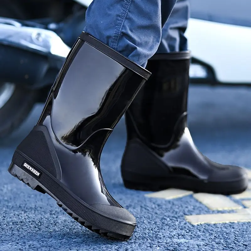 Waterproof Mens Mid Rain Boots Thick Sole Anti Slip PVC Outdoor Fishing Car Wash Construction Labor Footwear