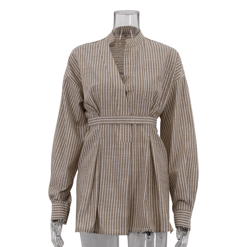 Camicetta a maniche lunghe a righe marroni alla moda Camicia con scollo a V allentata di colore colpito Camicetta con tasca con lacci Camicia in cotone femminile con risvolto 2025