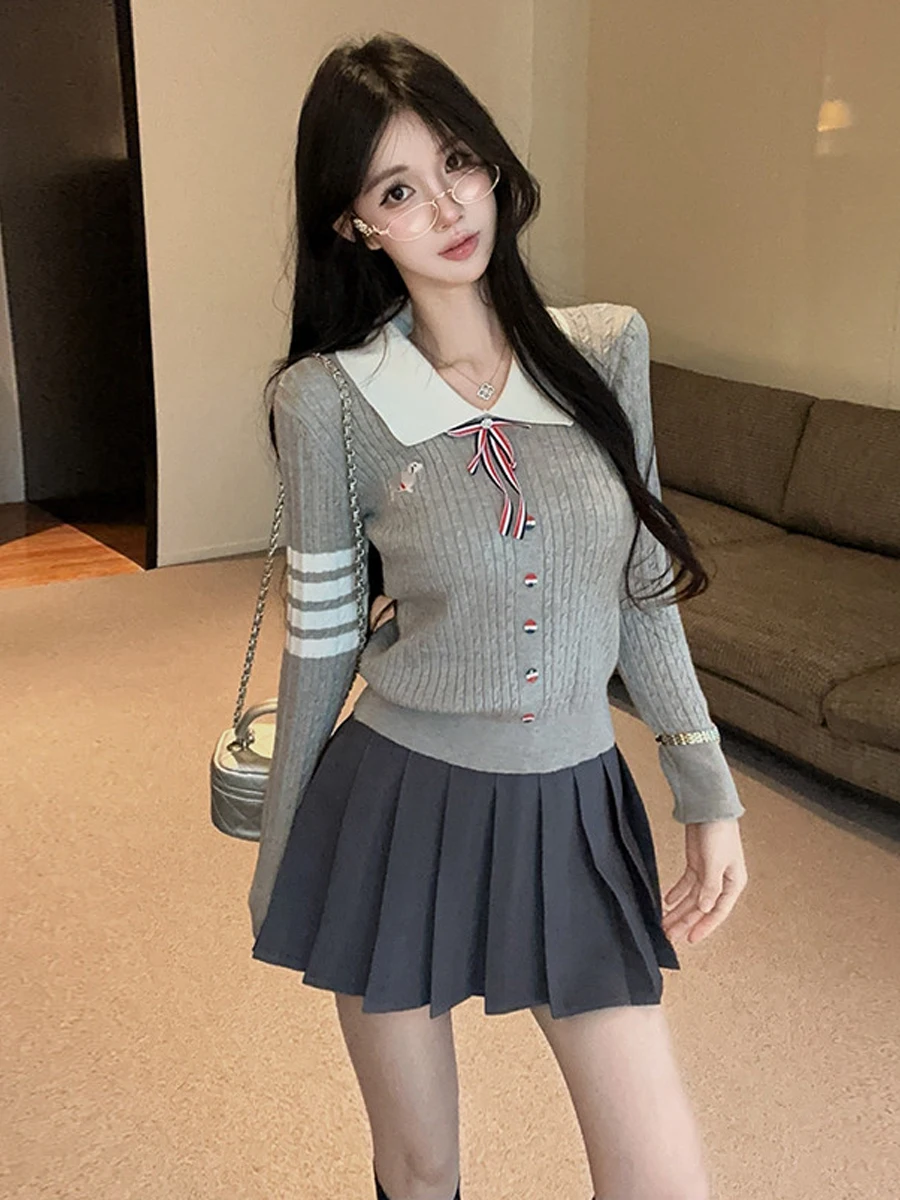 Korean Sweet School Girl Style  Knot  Neck Knitted Sweater High Waist Pleated Skirt Anti-Aging Elegance Set for ...