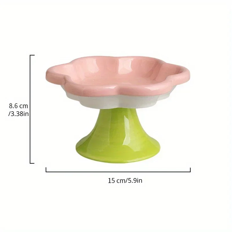 Ceramic Raised Cat Bowl with Flower Design, Elevated Cat Food Bowl Water Plate Snack Dish with Stand for Neck Protection