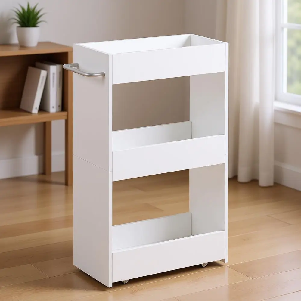 

3-Tier Slim Rolling Utility Cart with Handle, White, Ideal for Kitchen, Laundry, and Bathroom Storage, Suitable for Narrow Space