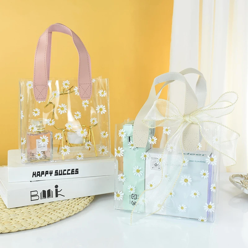 Portable Transparent Daisy Flower Tote Bag Reusable PVC Clear Shopping Bag Handbag Travel Storage Bags Wedding Party Supplies