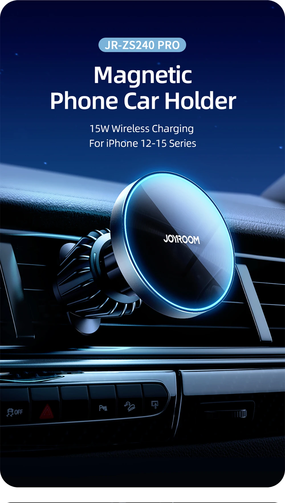 Joyroom magnetischer Autotelefon halter 15w kabelloser Lade telefon halter Auto-Entlüftung sclip Telefon halterung für iPhone 12-15 Serie – Detail 2