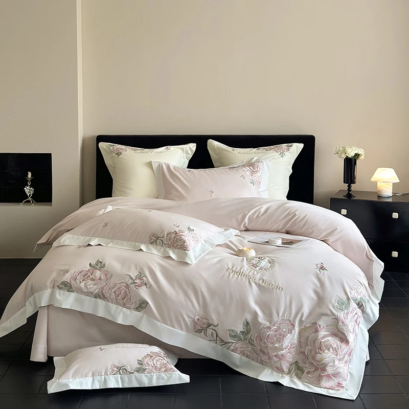 4Pcs Pink Purple Flowers Embroidery Bedding Set 1000TC Egyptian Cotton Brushed Duvet Cover Bed Sheet/Fitted Sheet Pillowcases