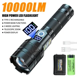 10000LM Super Bright LED Flashlight USB Charging 26650 Lithium Battery Outdoor Telescopic Zoom Torch Lantern With Power Display