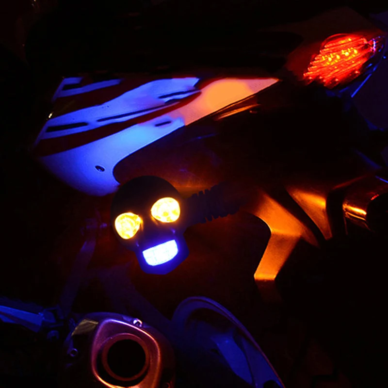 New 2Pcs Dual Color Moto LED Skull Shape Waterproof Fog Light Turn Signal Auxiliary Headlights ATV Scooter For Racer Spotlight