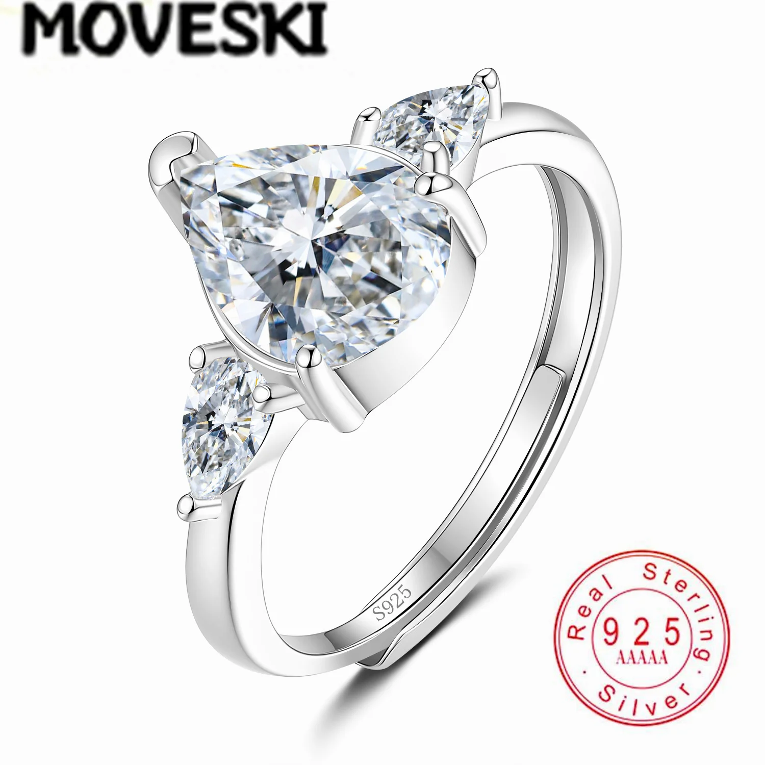 

MOVESKI 2CT Pear Moissanite Engagement Ring S925 Sterling Silver Adjustable Open Band Wedding Promise Ring For Women