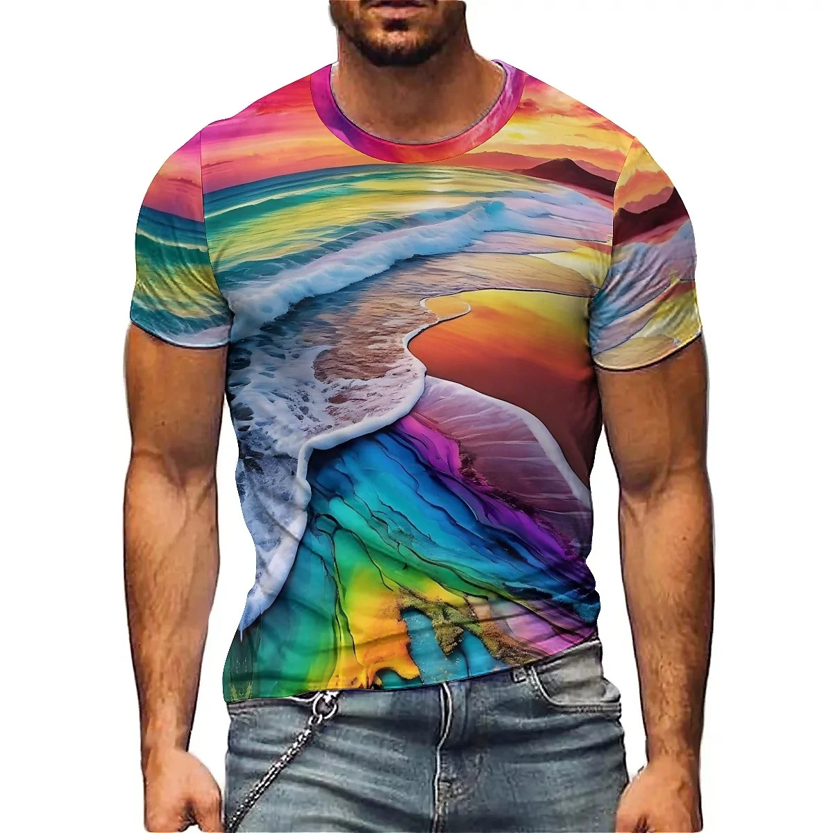 

Men's Retro Design Full Body Printed 3D Round Neck T-shirt, New Couple's Colorful Dynamic Ink Splashed Gym Exercise Running Ligh