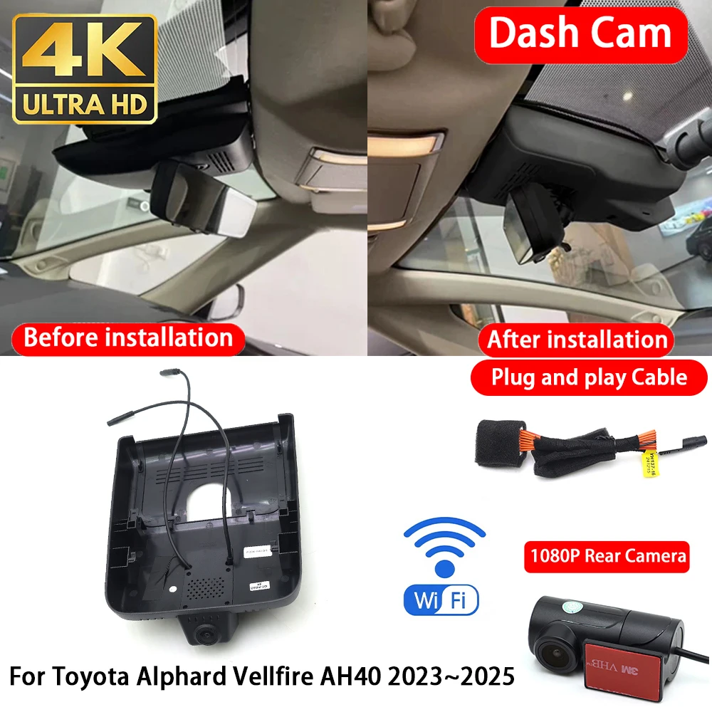 Cámara para Auto 4K con Wifi, Plug & Play, Grabación en Bucle, para Toyota Alphard Vellfire AH40 2023~2025, Grabación Delantera y Trasera