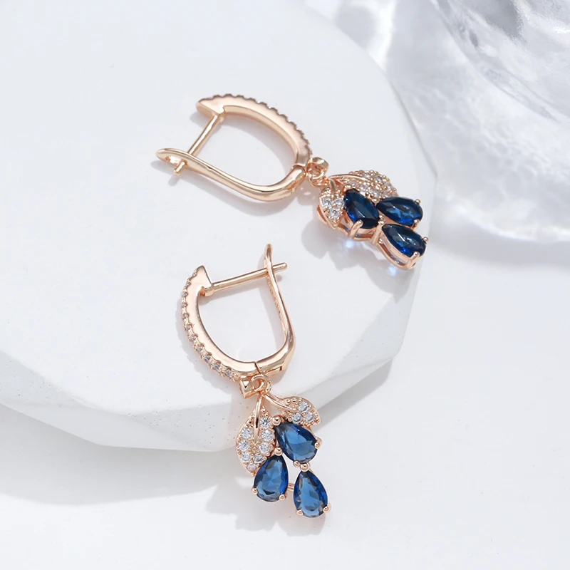 Kienl New 585 Rose Gold Color Long Earring for Women Vintage Blue Natural Zircon Flower Drop Earring High Quality Daily Jewelry