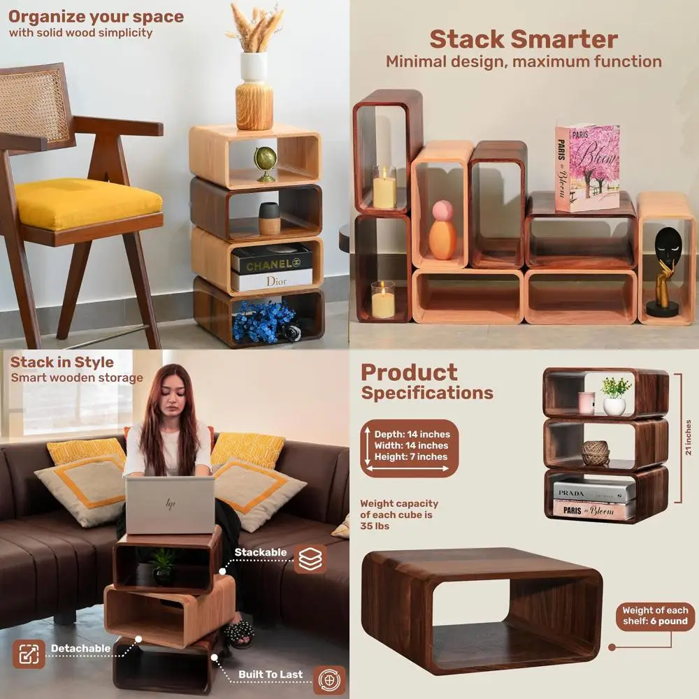 رف تخزين مكعب من خشب الجوز، خزانة كتب متعددة الغرف للمنزل والمكاتب والمساحات الحديثة (مجموعة من 1) #1