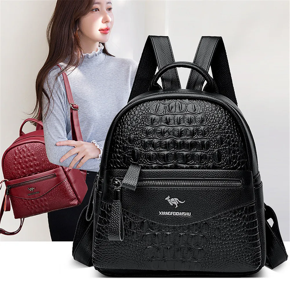 Women\'s Crocodile Pattern Backpack Travel Large Backpack Leather Handbag School Bag for Girls Women\'s Shoulder Back Bags Mochila