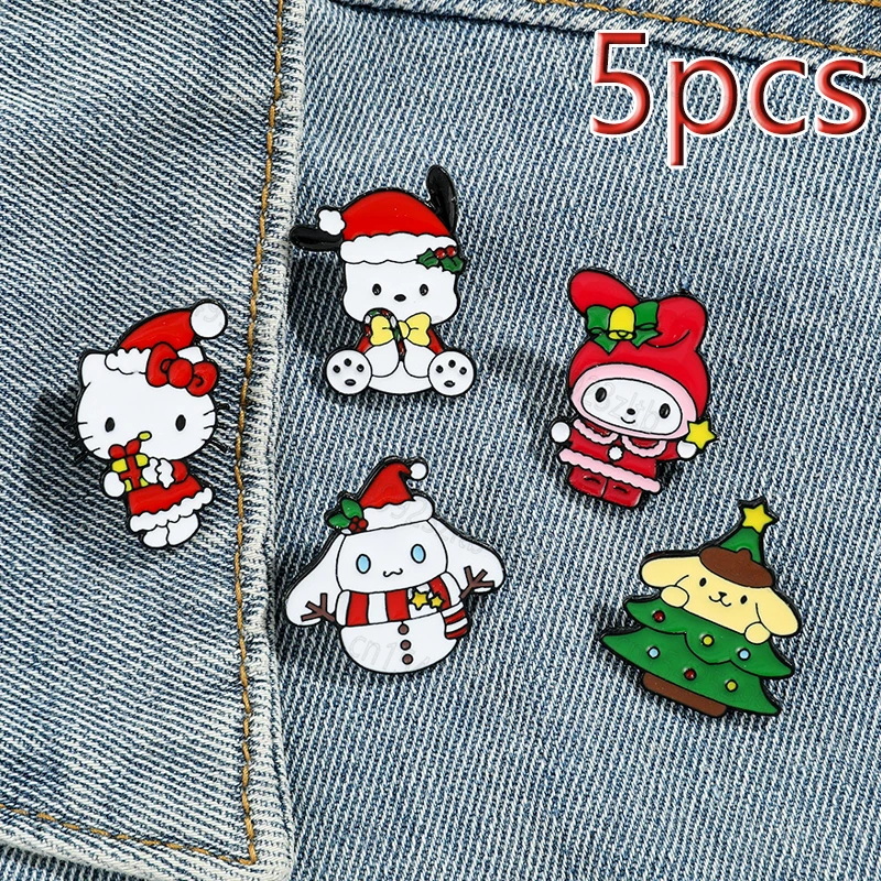 New Anime Sanrio Christmas Kitty Cat Enamel Pin Cartoon Figure Pochacco Cinnamoroll Metal Badge Brooch Xmas Jewelry Accessories