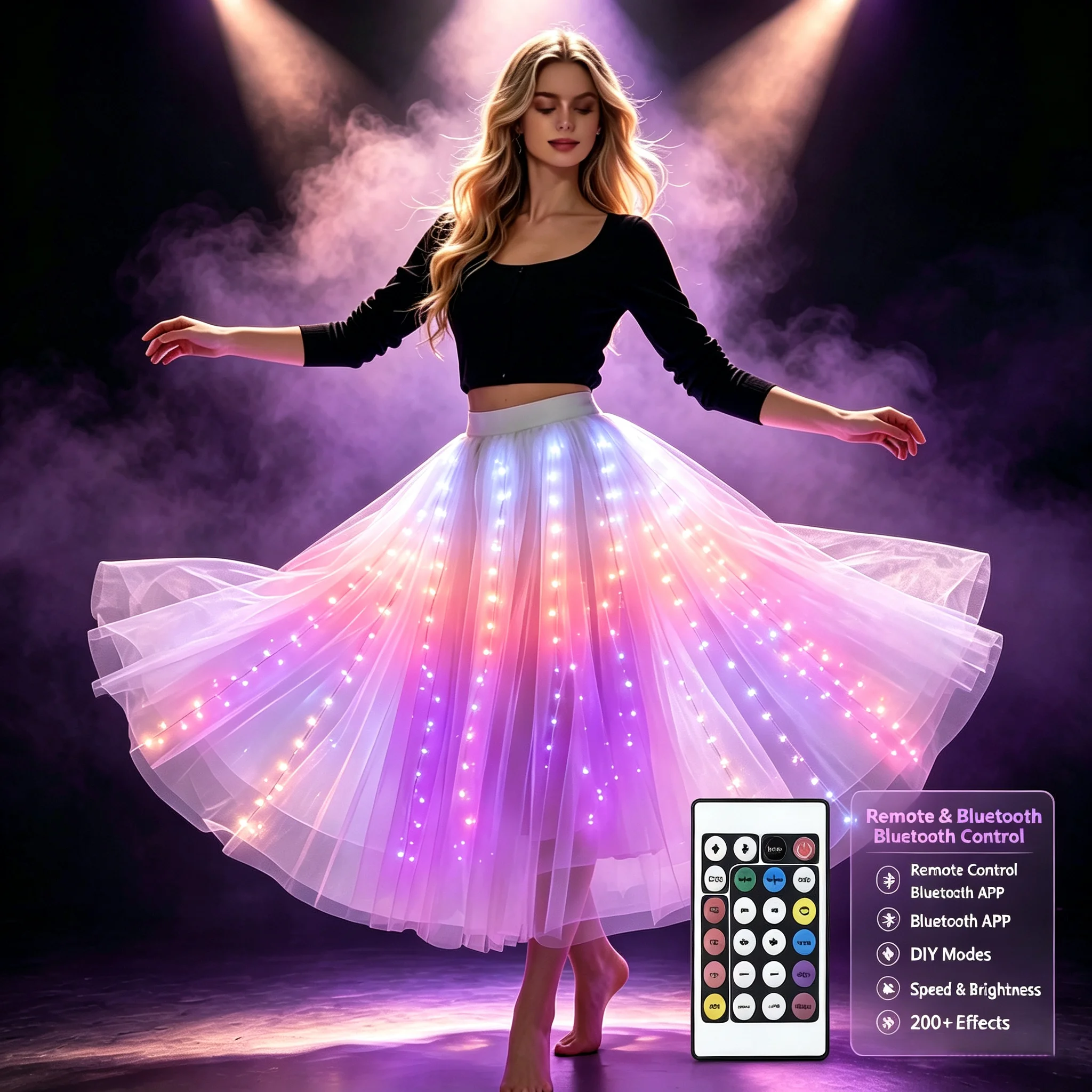 Colorful App Bluetooth Women LED Light Up Luminous Tutu Skirt Glow Ballet Skirt for Party Festival Rave Costume Wedding DJ Club