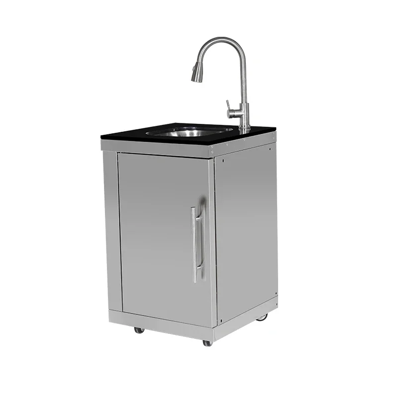 

Уличная передвижная кухонная мойка с 4 колесами, черной мраморной столешницей, смесителем из нержавеющей стали и корпусом из нержавеющей стали 304