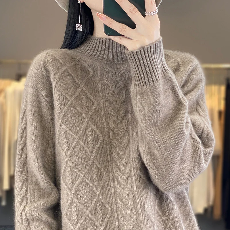 Cross print Autumn/Winter new 100% Merino wool pullover Cashmere sweater Women's half turtleneck pullover warm bottom knit shirt