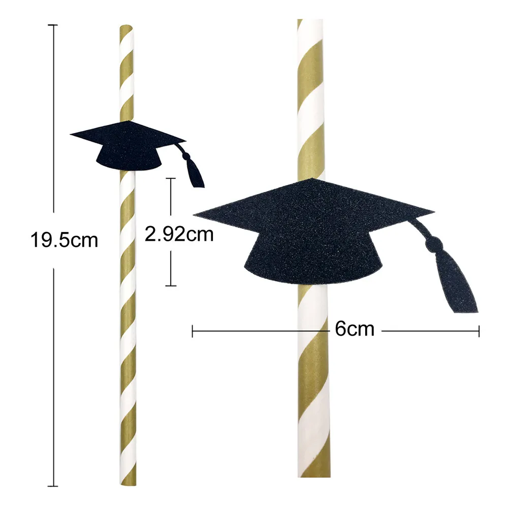 16pcs Graduation Cap Paper Black Flexible Bendable Drinking Straws For Party Decorations Disposable Trencher Straws Kitchen Bar