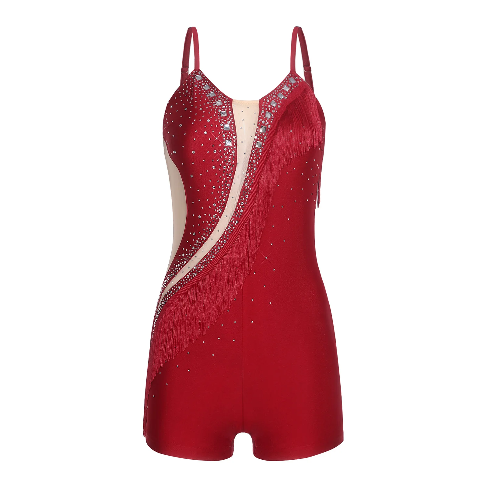 Damski kombinezon do tańca latynoamerykańskiego jazzowego z frędzlami, zdobiony dżetami, z cholewkami typu boy-shorts, idealny do łyżwiarstwa figurowego, tanga i cha-cha.