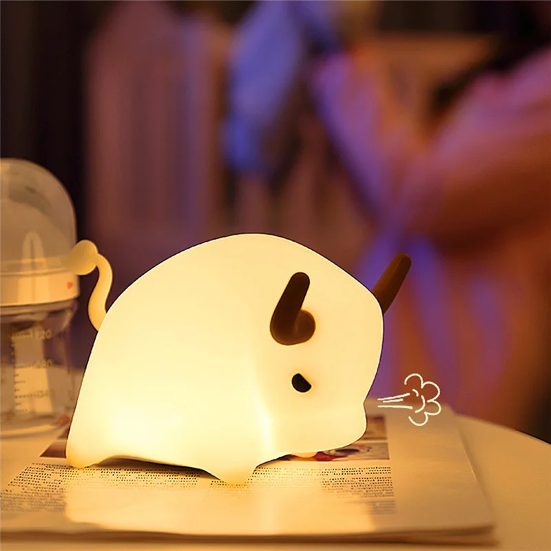 ABHU بقرة ليلة مصباح لينة سيليكون مصباح ليد قابلة للشحن لطيف الحيوان ضوء الليل مع كابل يو اس بي لديكور غرفة نوم الغرفة