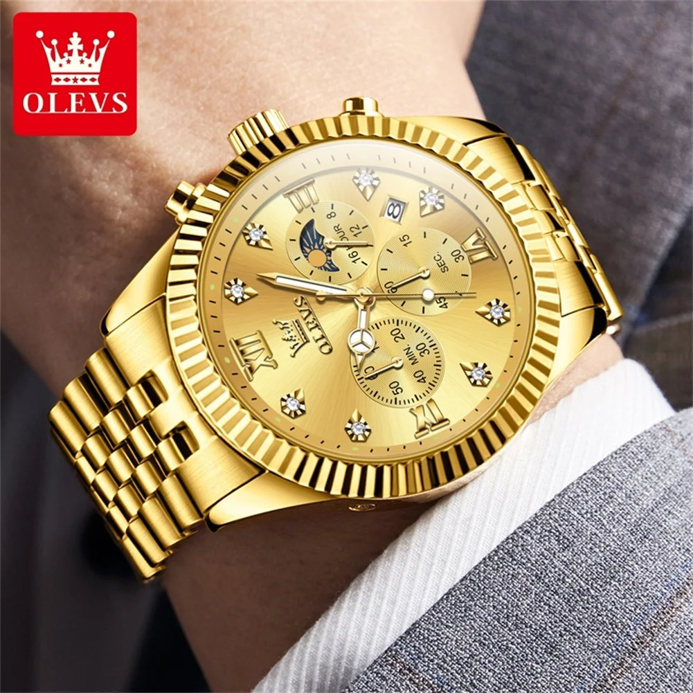 OLEVS High-end Original Replica Quartz Watches for Men Luxury Golden Stainless Steel Chronograph Moon Phase Waterproof Man Watch