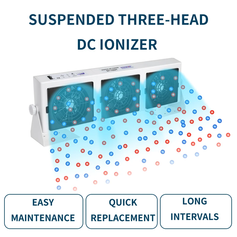Three-head suspended ion air generator, anti-static ion fan 600mm air volume coverage DC24V multiple anti-static protection