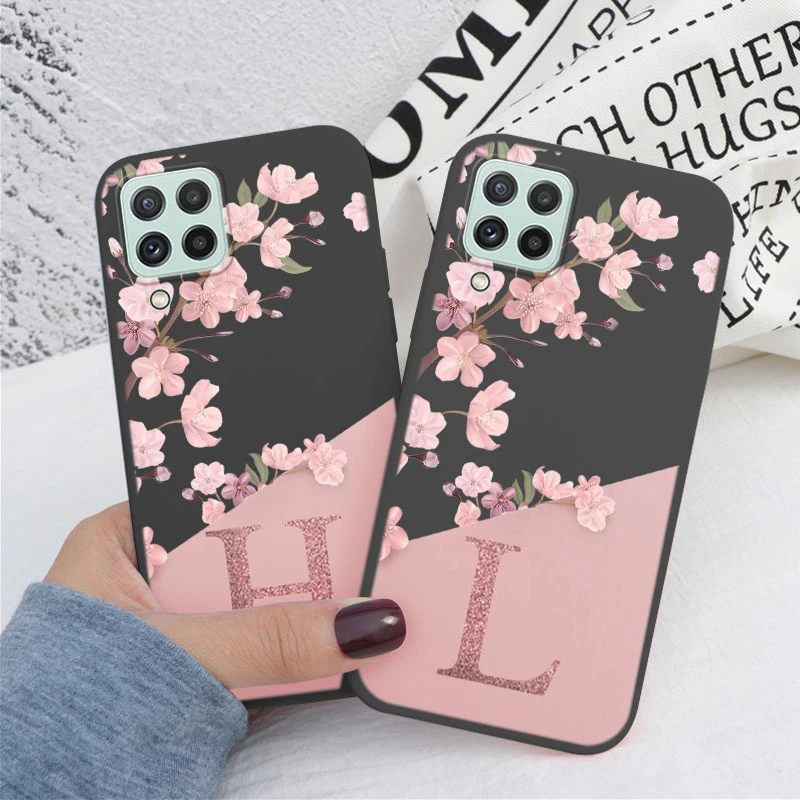 Letter Flower Phone Case For Samsung Galaxy A22 4G Shockproof TPU Bumper Soft Silicone Back Cover For Samsung A 22 Fundas Black