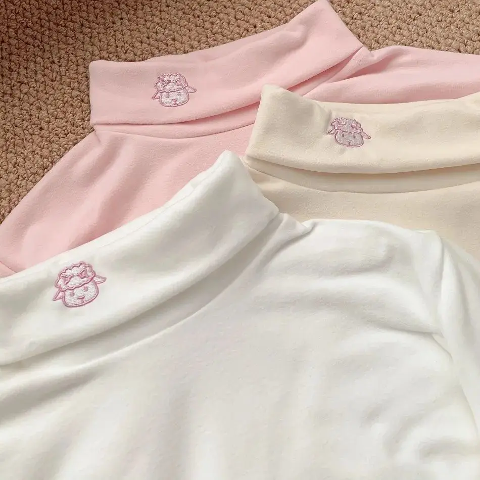 Thickened Fleece High Collar Long Sleeve Women's T-shirt Embroidered Sheep Warm Base Layer Top Korean Style Loose Fit