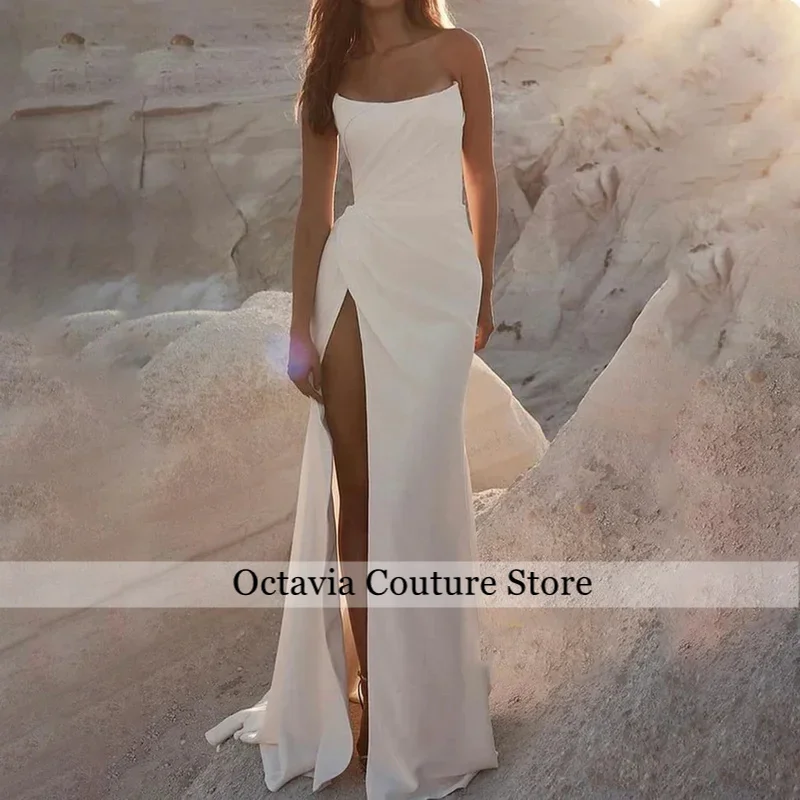 Simple Soft Satin Mermaid Wedding Dress Strapless Sleeveless Side Split Bridal Gown Ruched Beach Bride Dress Robe De Mariée 2026