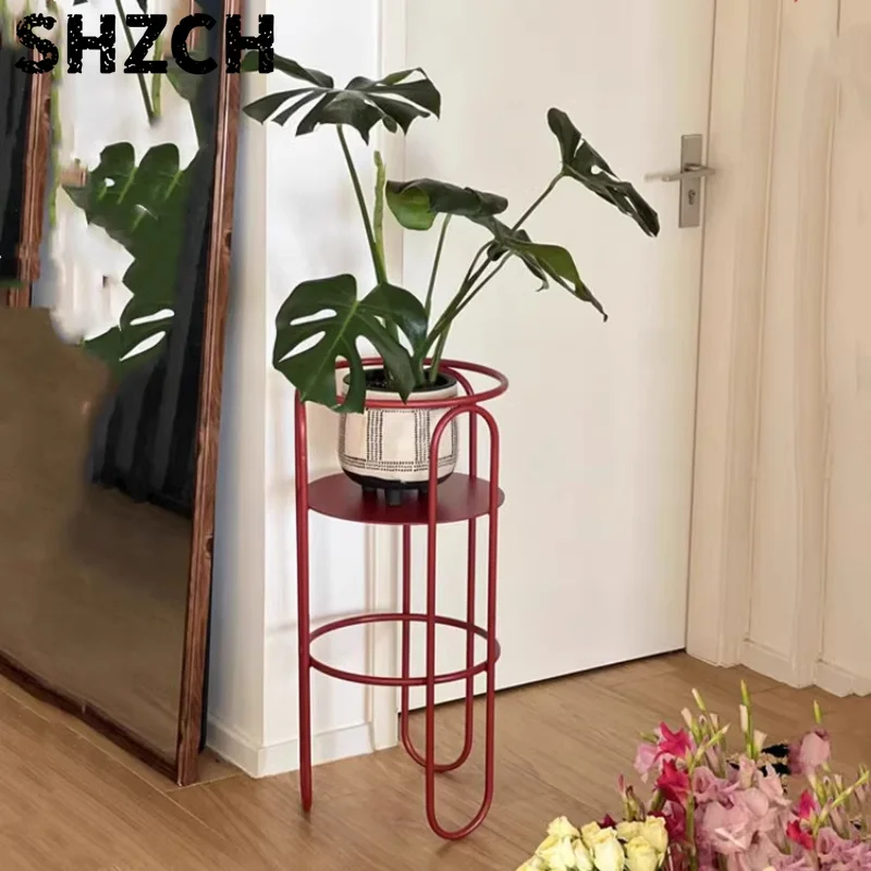 Minimalist Iron Flower Stand Vintage Red Multi-Tier Plant Shelf Creative Balcony/Living Room Decor Stylish Plant Display Rack