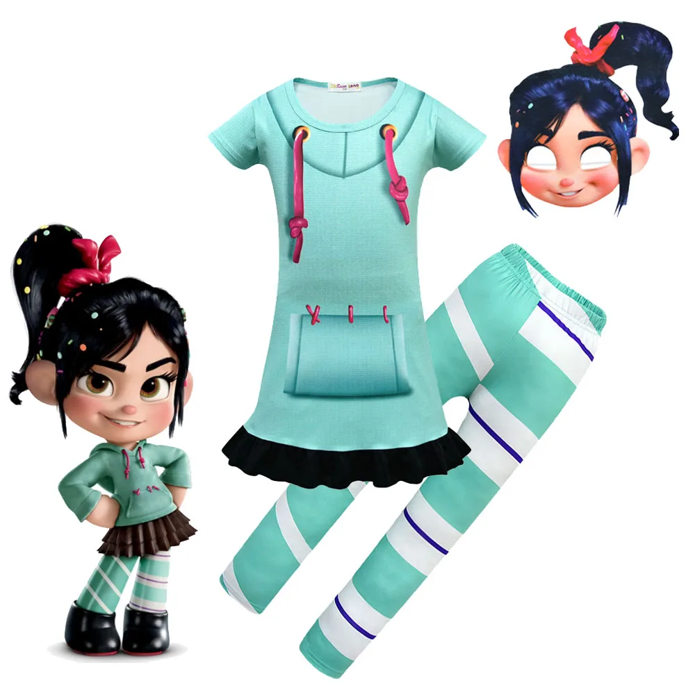 Halloween Girls Clothes Anime Vanellope Von Schweetz Cosplay Costume Hoodies Pants Uniform Suit Wreck-It Ralph Clothing for Kids