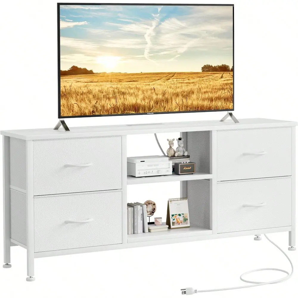 

Dresser TV Stand For 50 TV, Fabric Dresser With 4 Drawers And Power Outlet, Modern Entertainment Center With Open Shelves For L