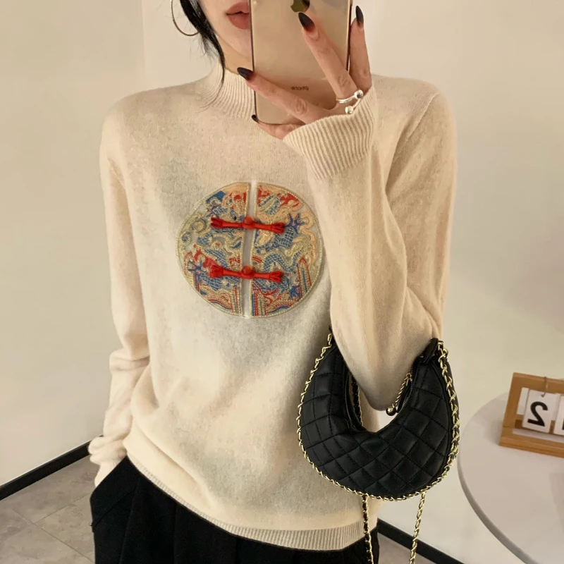 2024 Autumn/Winter New Knitted Pure Wool Chinese Style Half High Collar Versatile Wool Sweater