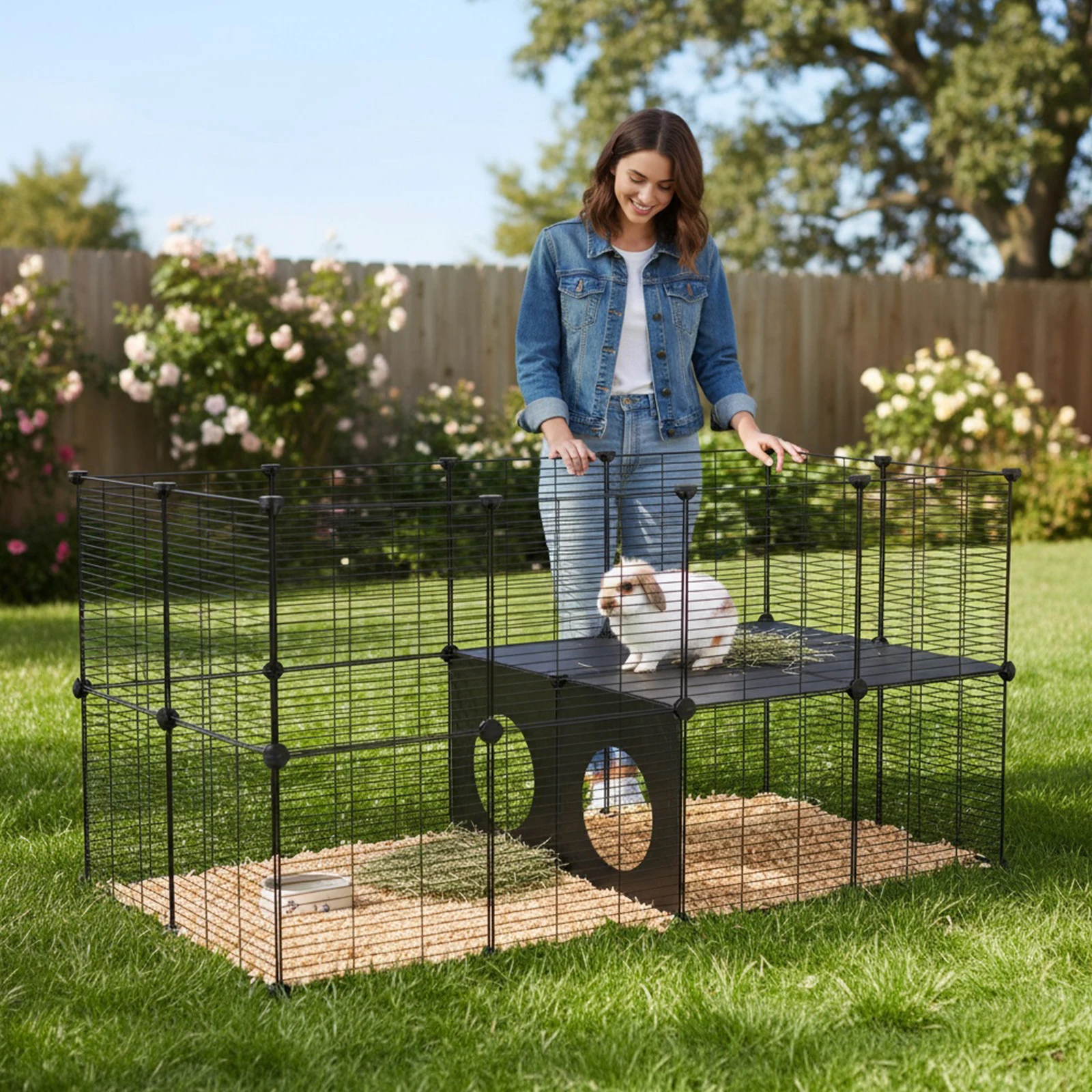 

Металлический вольер-клетка для кроликов 57.09x29.53x29.53 дюйма, переносной металлический манеж для морских свинок/кроликов/ежей/кур