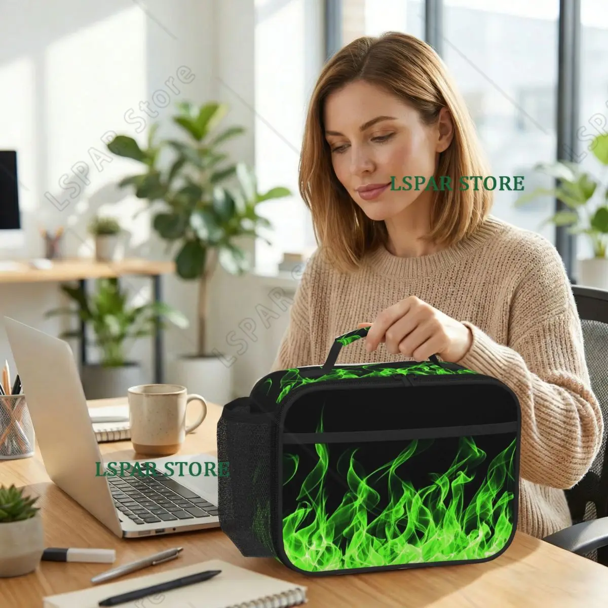 Lime Green Flame Black Insulated Lunch Bag for Women Office Cooler Thermal Food Box Tote Portable Lunch Boxes Container