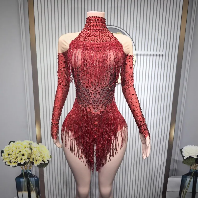 

Women Long Sleeve Spandex Leotard Sparkling Rhinestone Tassel Bodysuit Sexy Stage Costume for Dance Show Jazz Performance zym