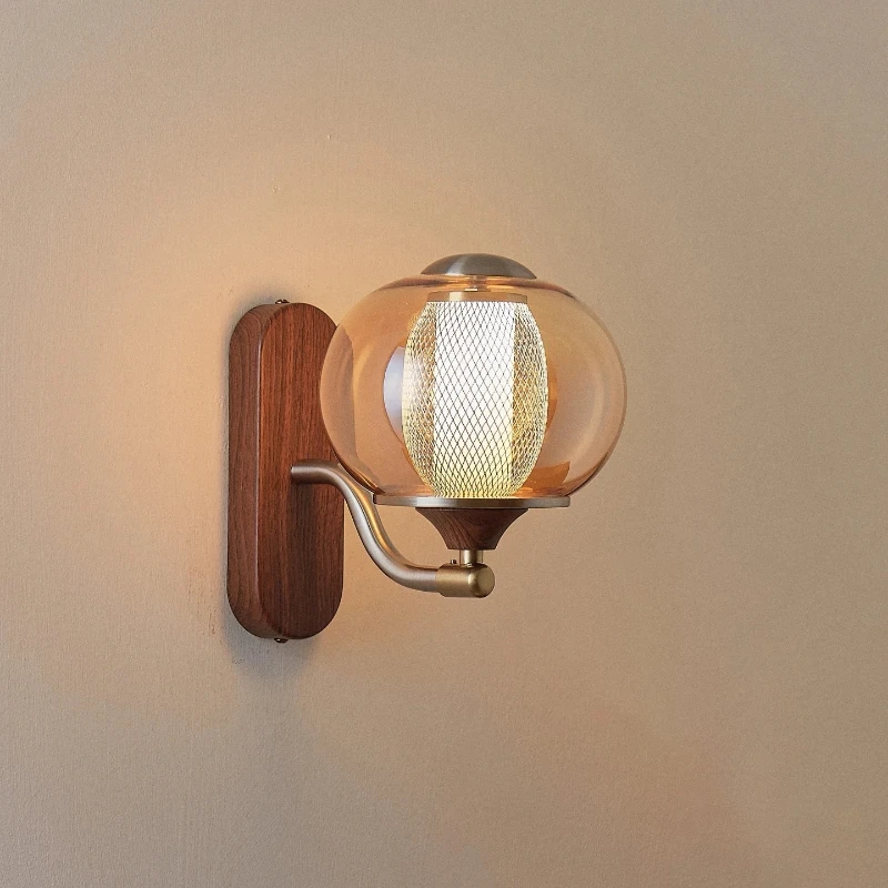 French Vintage Wooden Base LED Wall Lamps Rotundity Amber Glass Lampshade Living Room Bedroom Restaurant Kitchen Sconces Lights