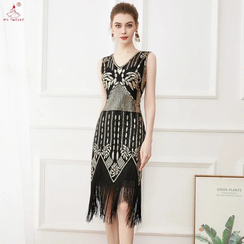 2025 Women’s High-Waist Slim Sequin Fringe , Sexy V-Neck Birthday Party, Cocktail Prom Midi Dress with Tassel Hem, Elegant