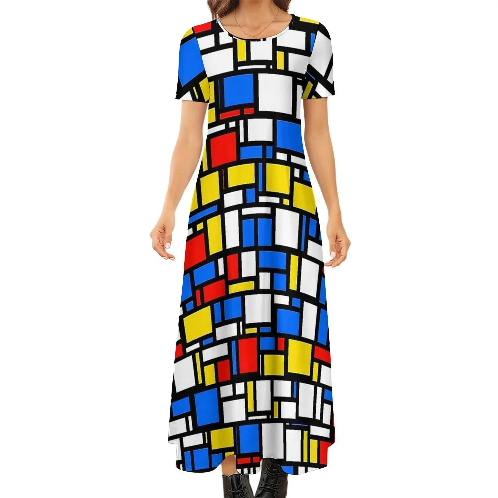 Mondrian Style Dress Checkerboard Retro Maxi Dress Short Sleeve Fashion Bohemia Long Dresses Ladies Print Oversized Vestido