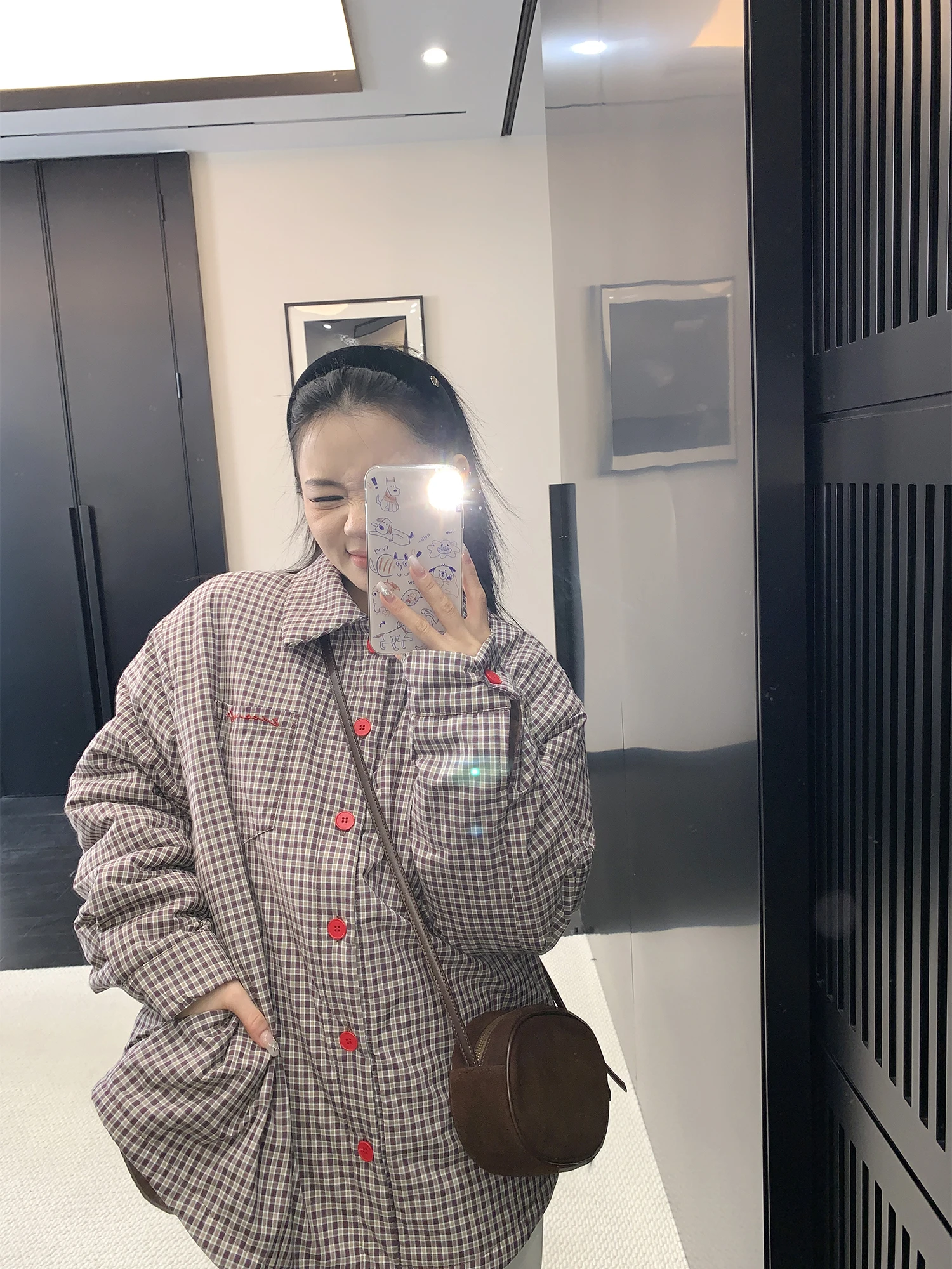 

Thiened Winter irt Coat Women's Casual Loose Fit Plaid Cotton Outerwear Warm Trendy Street Sle Button Detail Embroidery