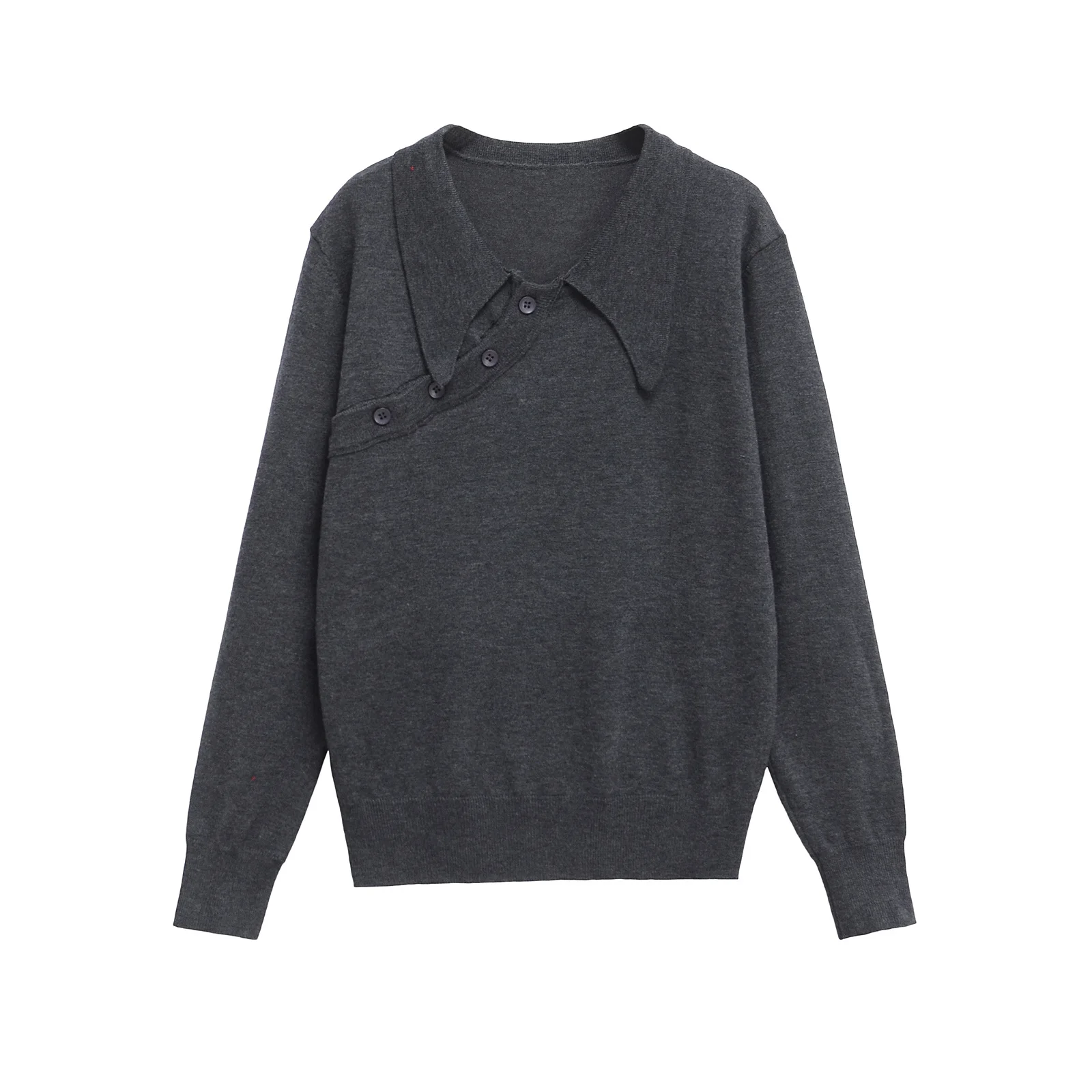 

Spring New Women's Casual Knitted Tops, Fashionable and Simple Solid Color Long-Sleeved Lapel Pullovers