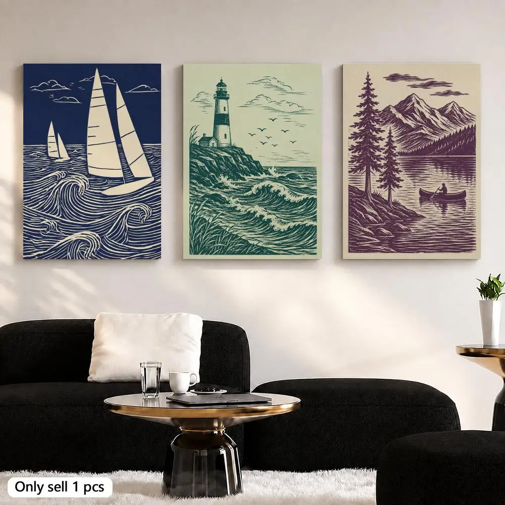 Sailboat Linocut Nautical Ocean Framed Wall Painting Ready to Hang Framed Art Set of 3 Poster for Living Room Bedroom Home Decor