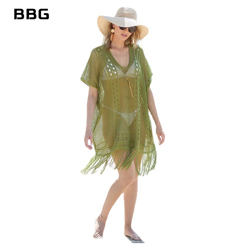 Robe de plage en Crochet pour femmes, col en v, Sexy, Mini, Cover-up pour les maillots de bain, pour l'été, pour les fêtes et les vacances