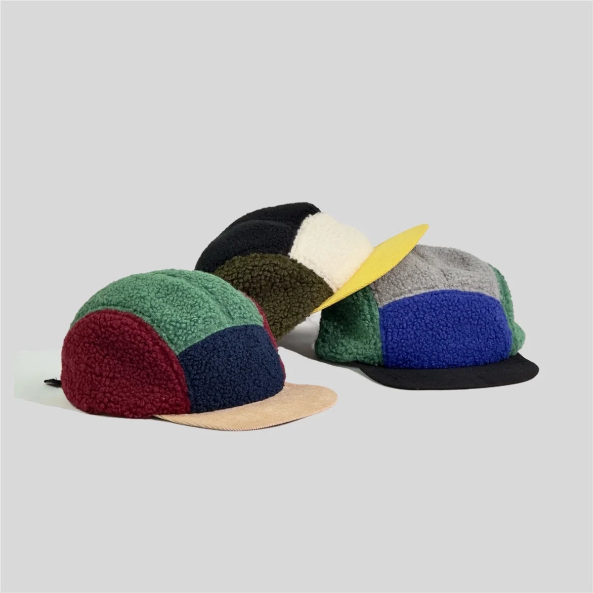 Japanese Vintage Color Blocked Lambskin Wool Baseball Caps For Men Women Winter Casquette Homme  Fitted 5 Panel Snapback Hats