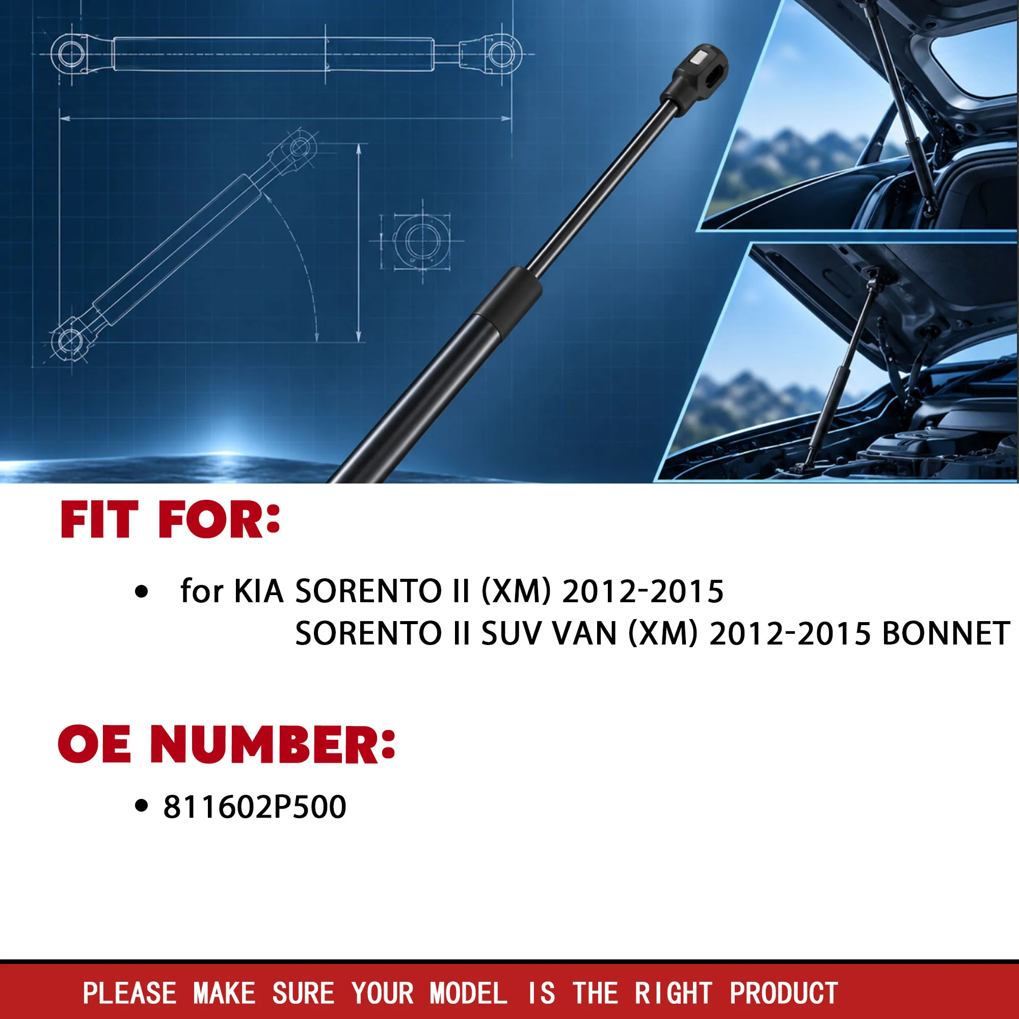 2Pcs Bonnet Gas Spring for Kia Sorento II XM 2012-2015 Hood Lift Support Shock Strut OE 811602P500