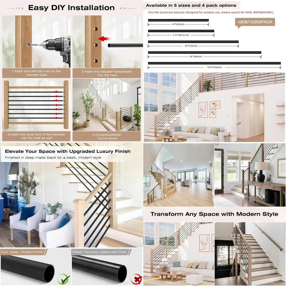 

6-Pack 5/8 Matte Black Hollow Round Stair Balusters for Indoor Staircases and Hallways